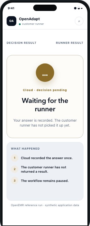 OpenAdapt mobile decision result confirming that the signed answer was accepted once and awaits the customer runner.