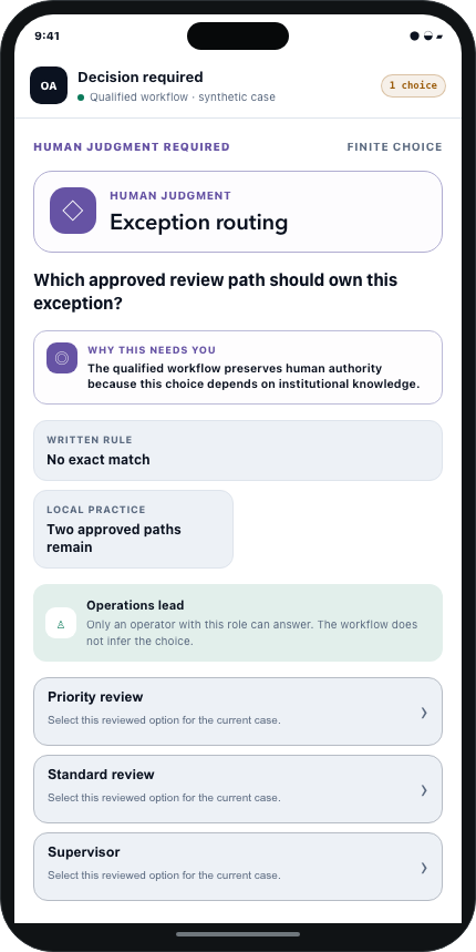OpenAdapt mobile interface asking an authorized operator to select an approved exception route