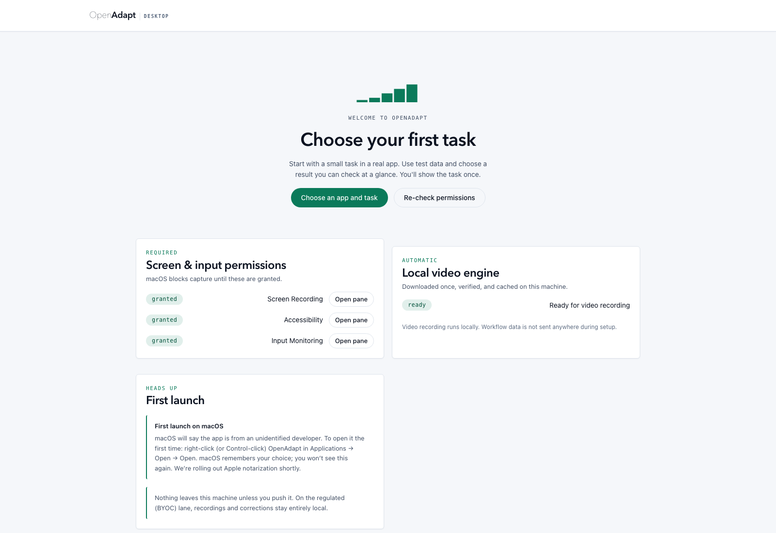Synthetic Desktop first-run onboarding for recording a workflow.