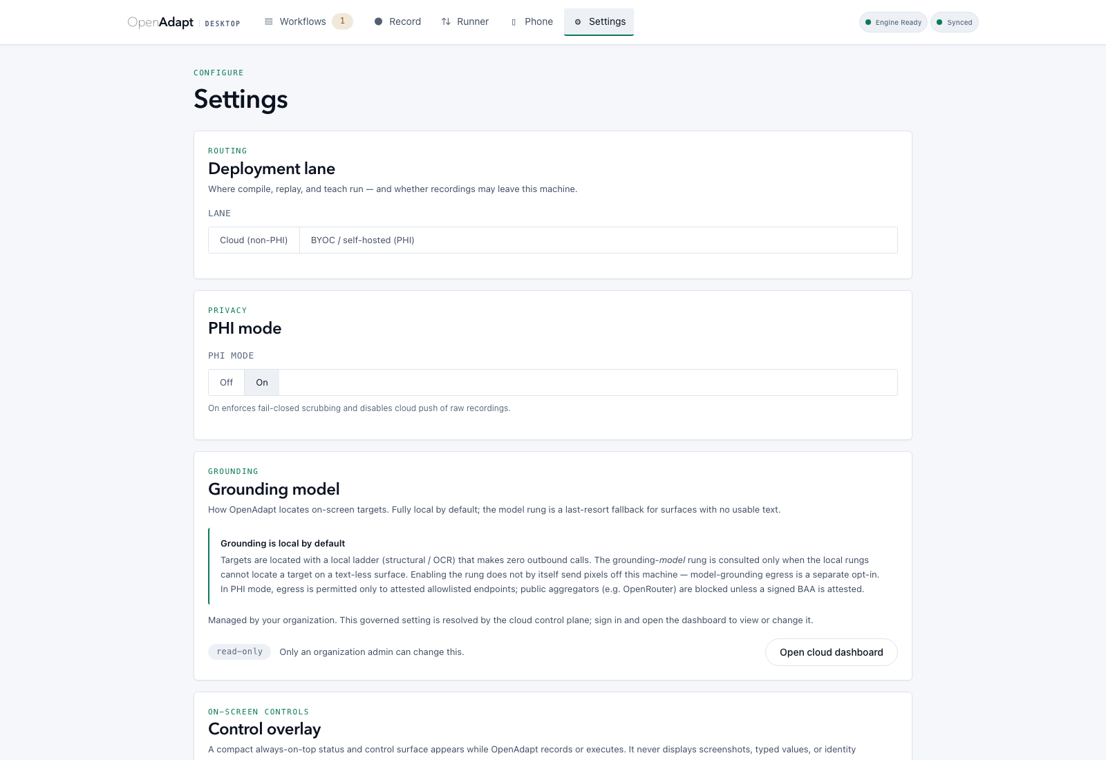 Synthetic Desktop settings showing the local and Cloud connection controls.